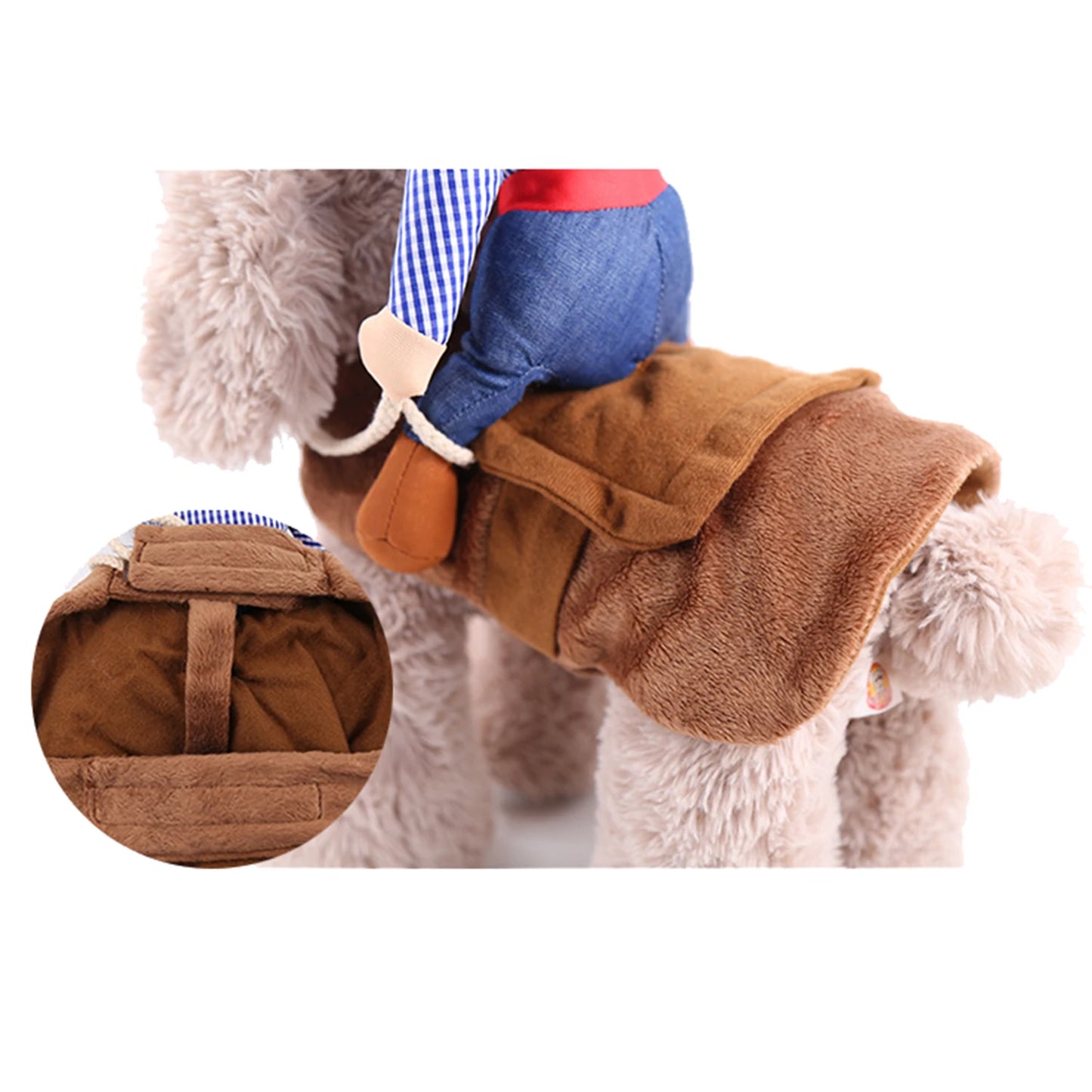 Dog wearing a cowboy costume with a brown hat and outfit on a white background